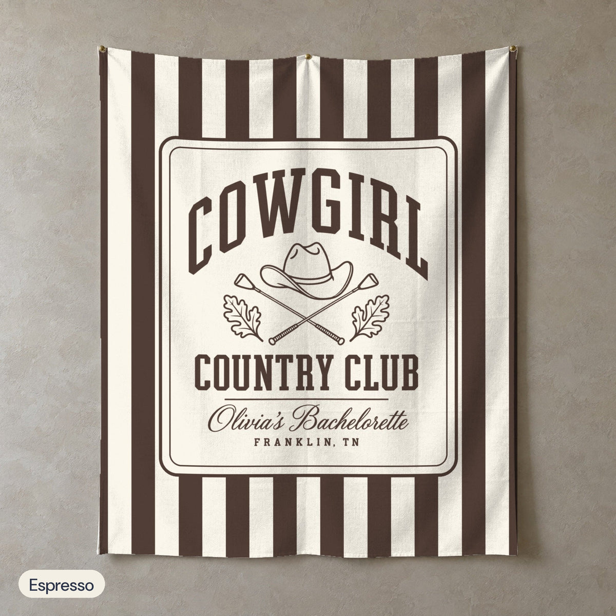 Cowgirl Country Club personalized wall tapestry in portrait, Espresso