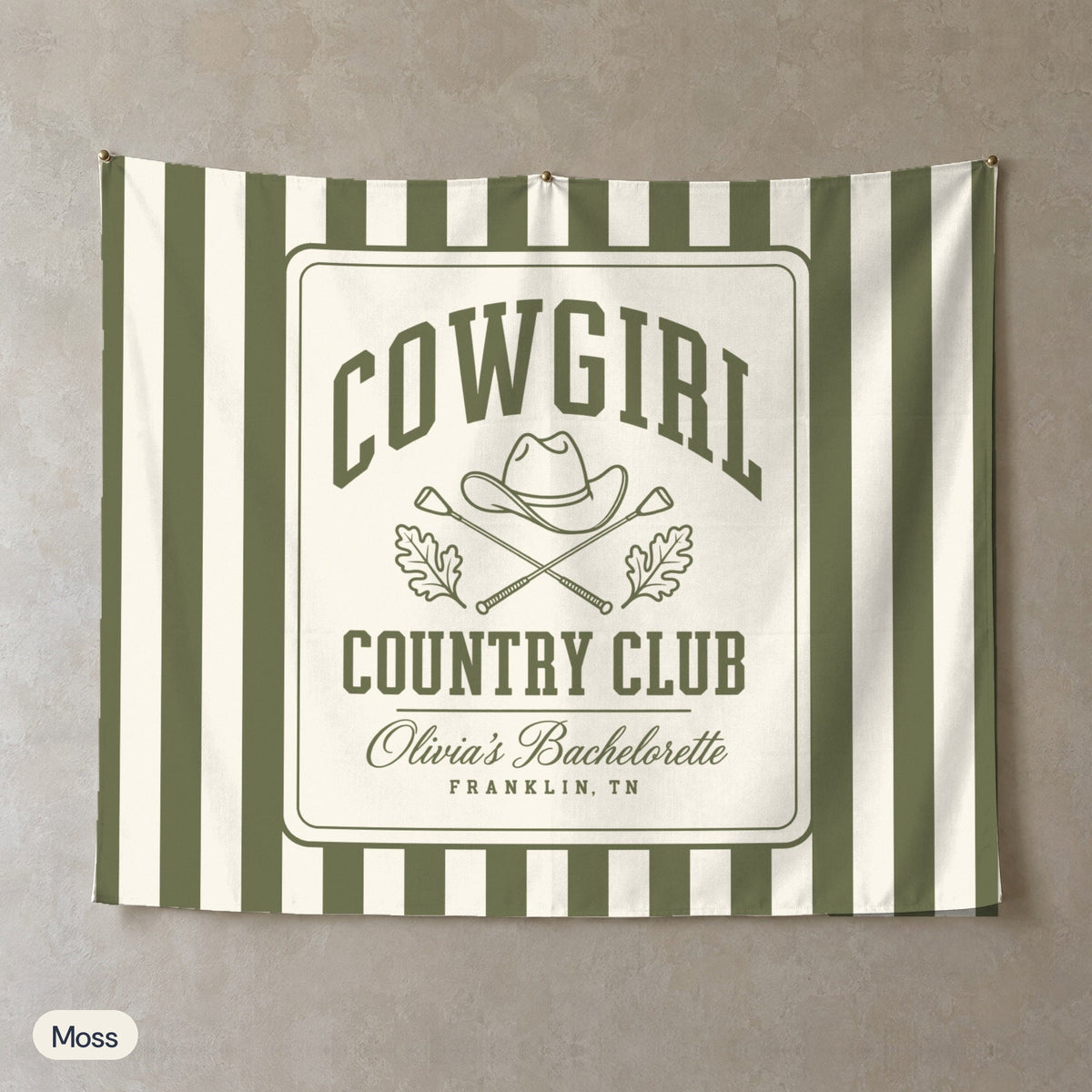 Cowgirl Country Club personalized wall tapestry, Moss stripes