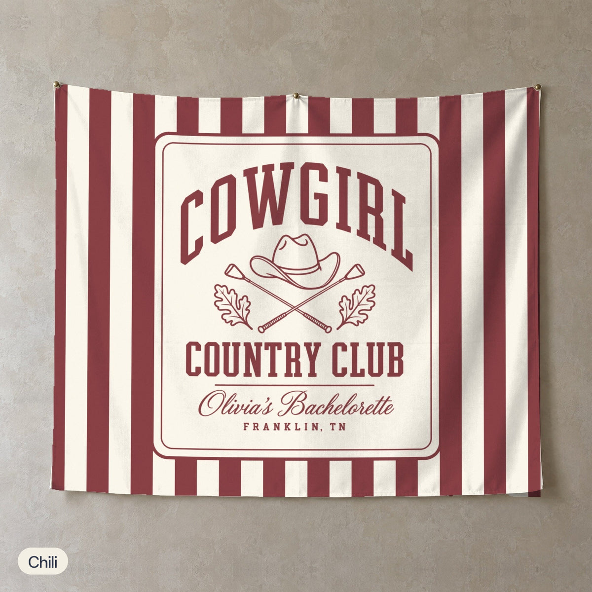 Cowgirl Country Club personalized wall tapestry, Chili stripes