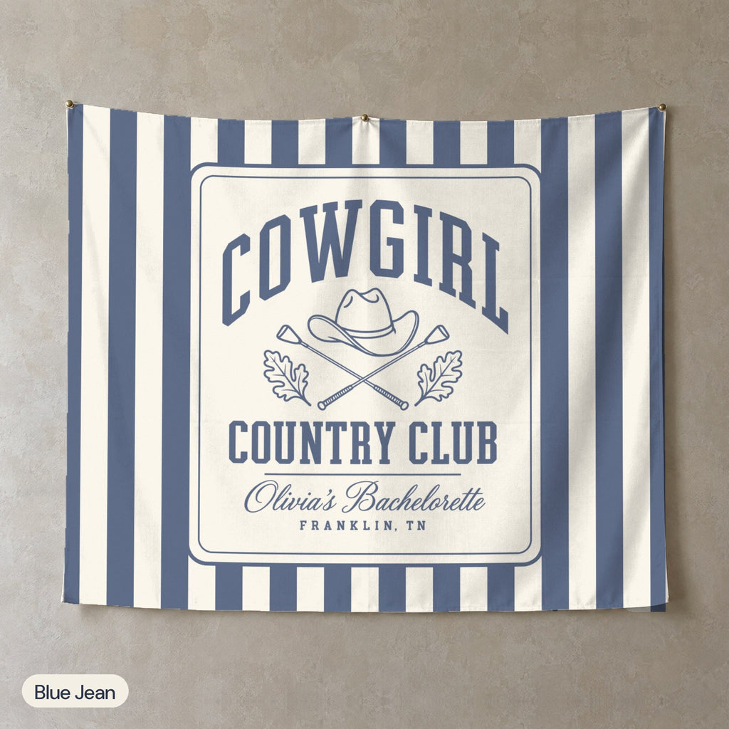 Cowgirl Country Club personalized wall tapestry, Blue Jean stripes