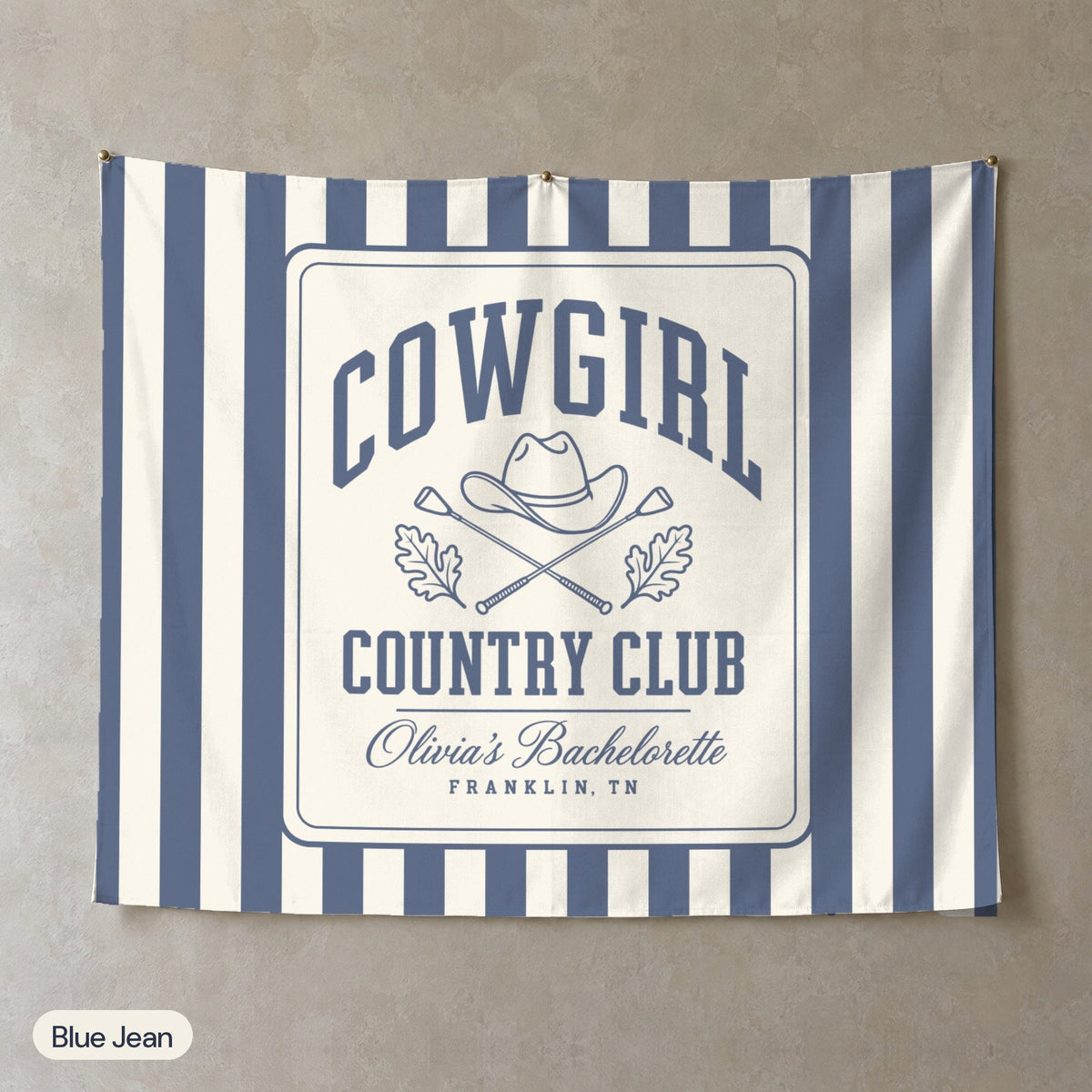 Cowgirl Country Club personalized wall tapestry, Blue Jean stripes