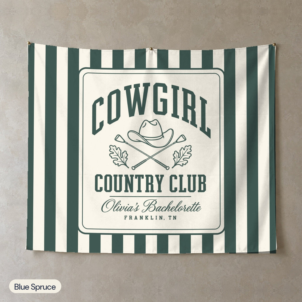 Cowgirl Country Club personalized wall tapestry, Blue Spruce stripes