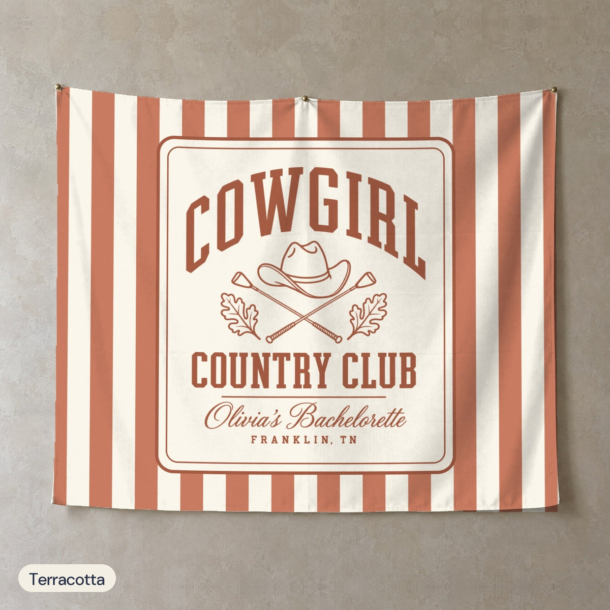 Cowgirl Country Club personalized wall tapestry, Terracotta stripes