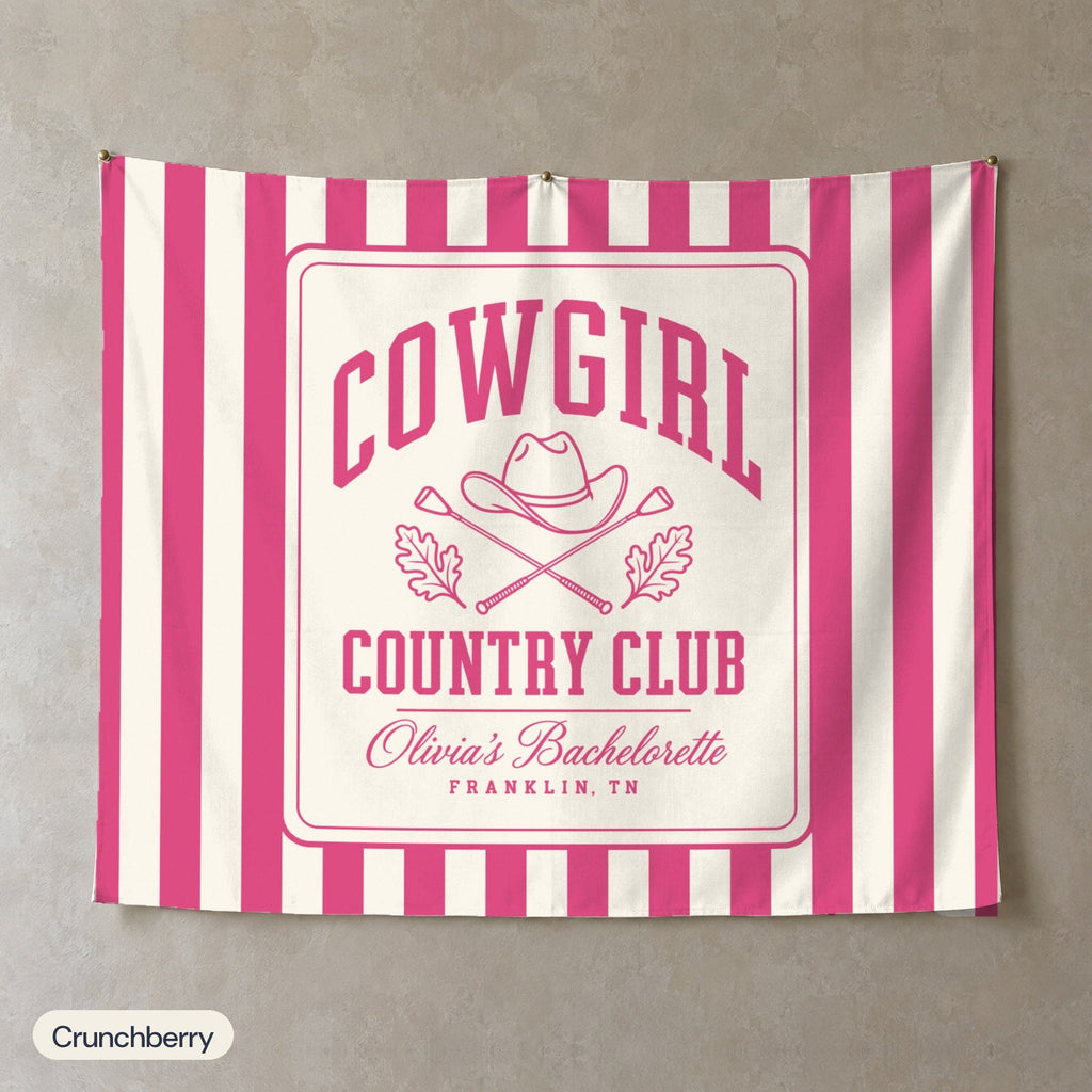 Cowgirl Country Club personalized wall tapestry, Crunchberry stripes