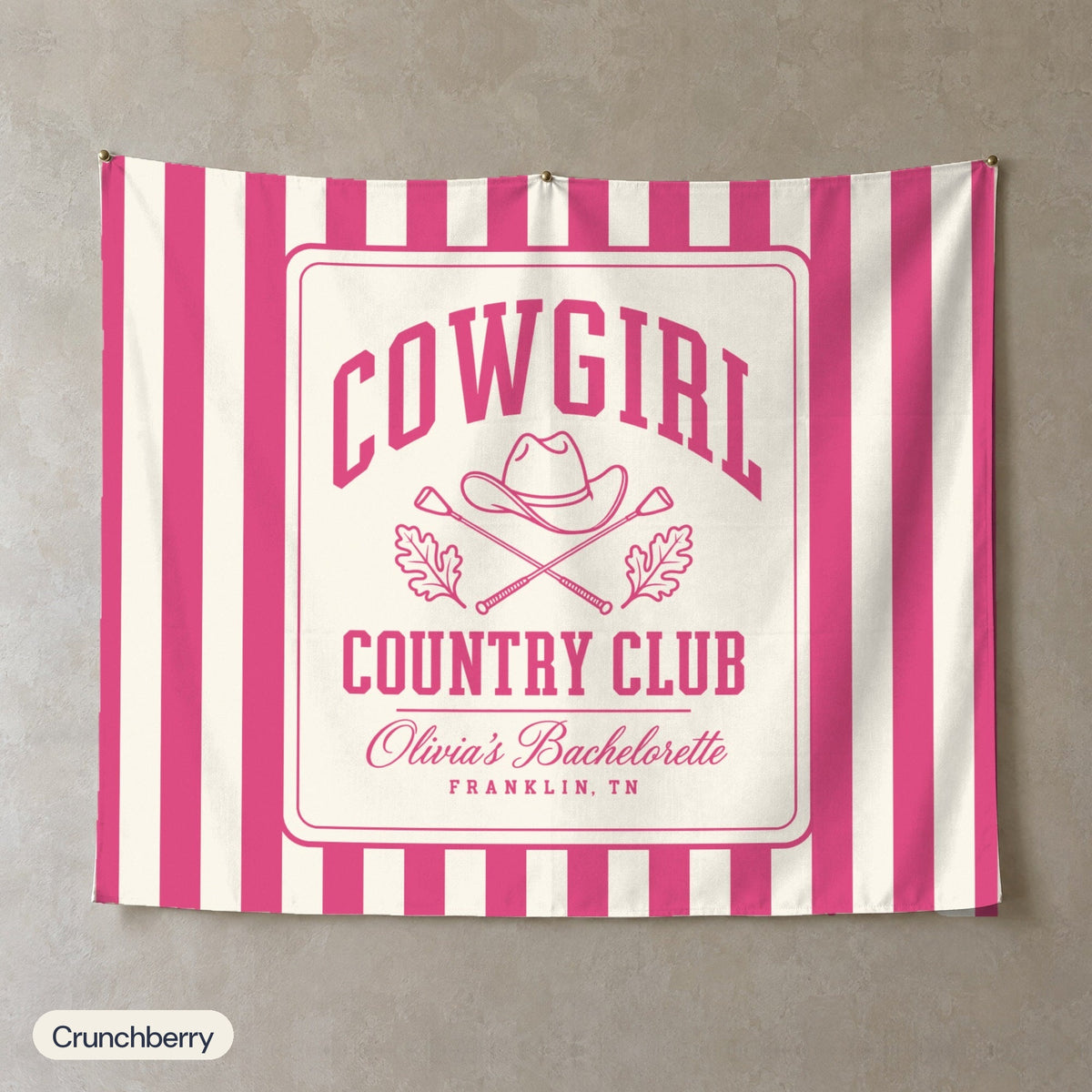 Cowgirl Country Club personalized wall tapestry, Crunchberry stripes