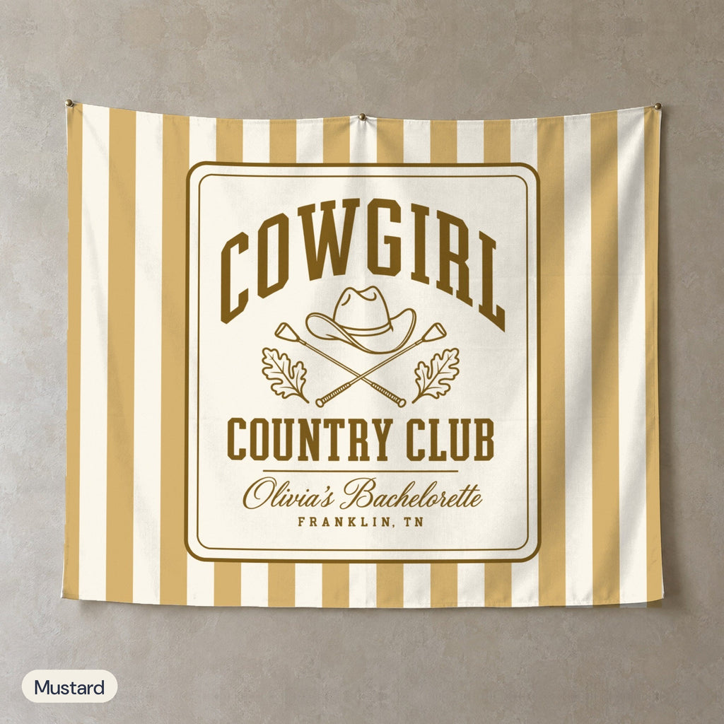 Cowgirl Country Club personalized wall tapestry, Mustard stripes