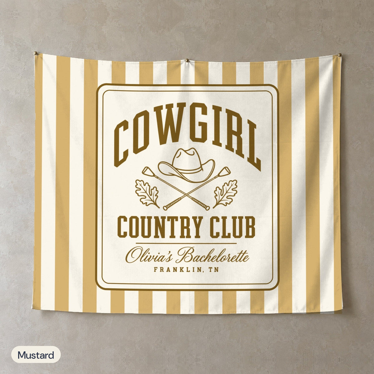 Cowgirl Country Club personalized wall tapestry, Mustard stripes
