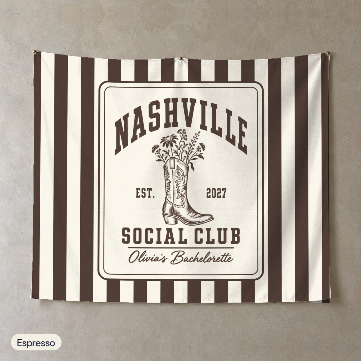 Nashville Social Club personalized wall tapestry, Espresso stripes