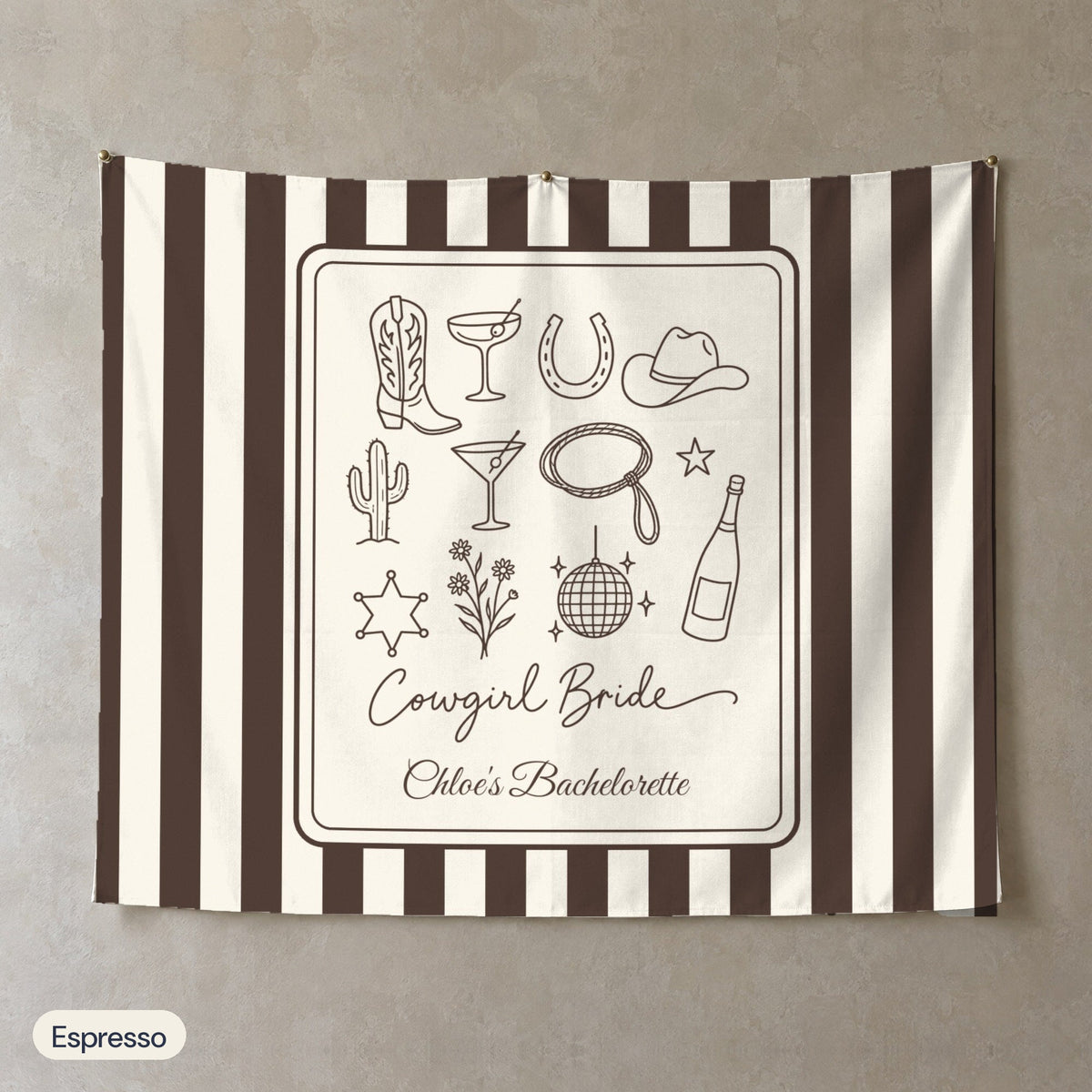 Cowgirl Bride & Crew personalized wall tapestry, Espresso stripes