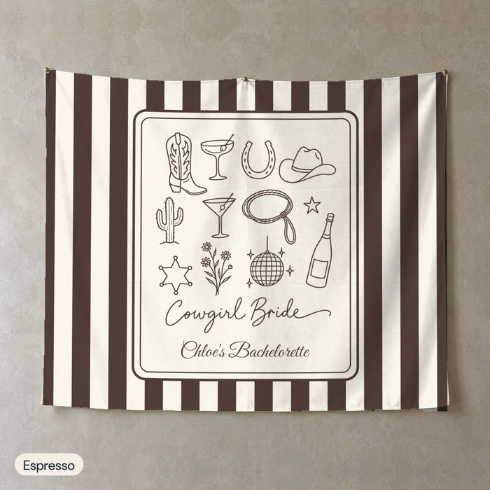 Cowgirl Bride & Crew personalized wall tapestry, Espresso stripes