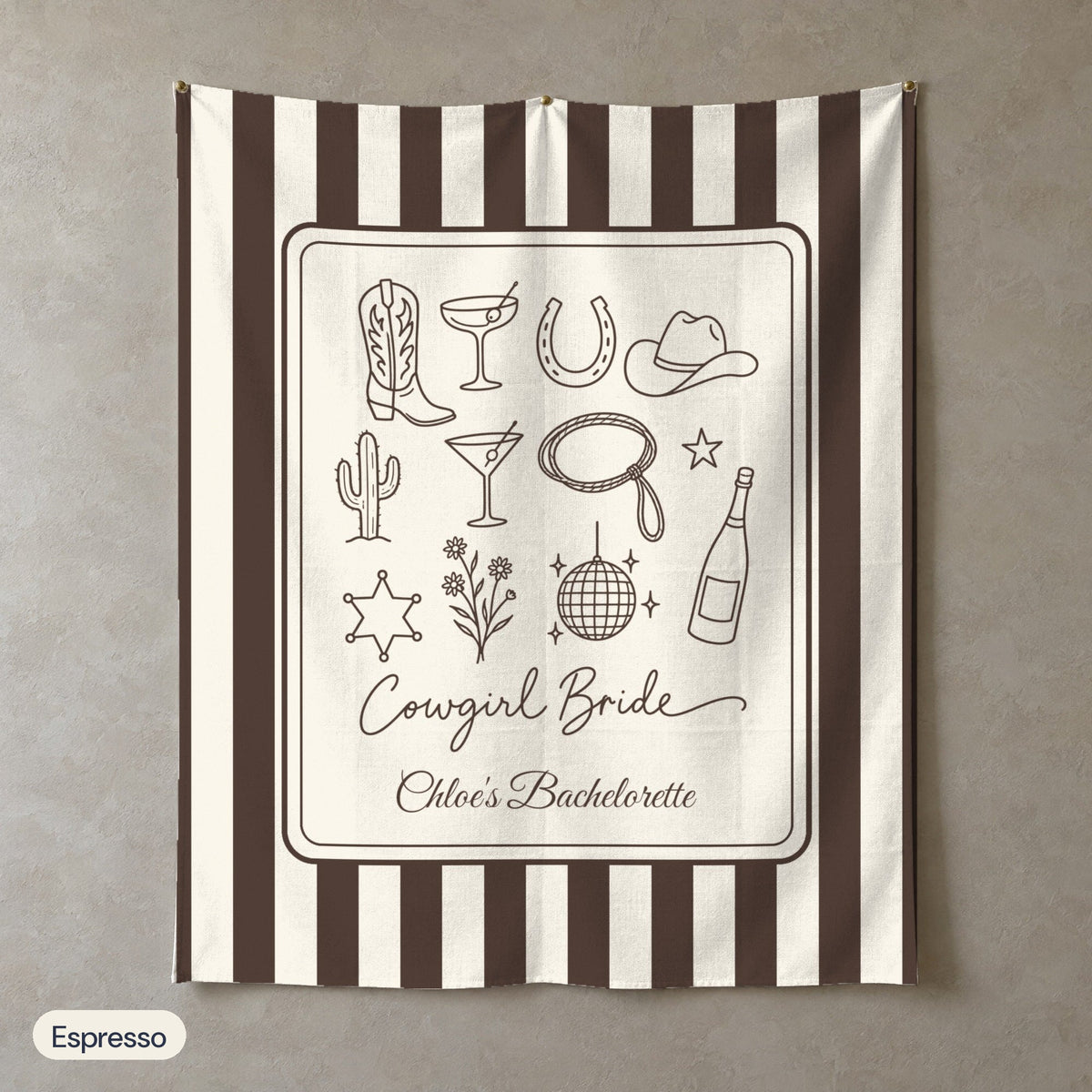 Cowgirl Bride & Crew personalized wall tapestry in portrait, Espresso