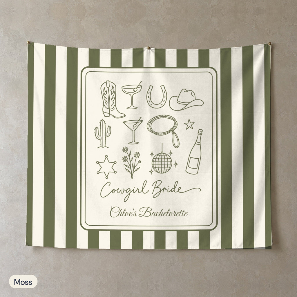 Cowgirl Bride & Crew personalized wall tapestry, Moss stripes