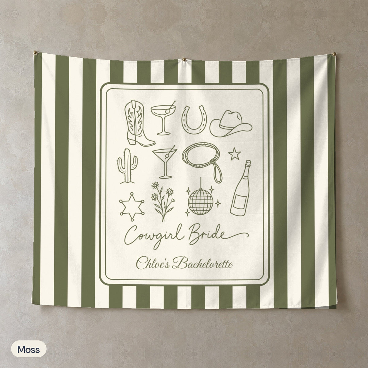 Cowgirl Bride & Crew personalized wall tapestry, Moss stripes