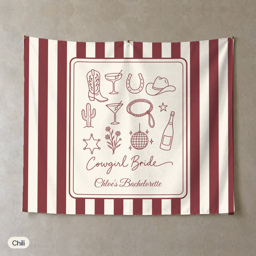 Cowgirl Bride & Crew personalized wall tapestry, Chili stripes