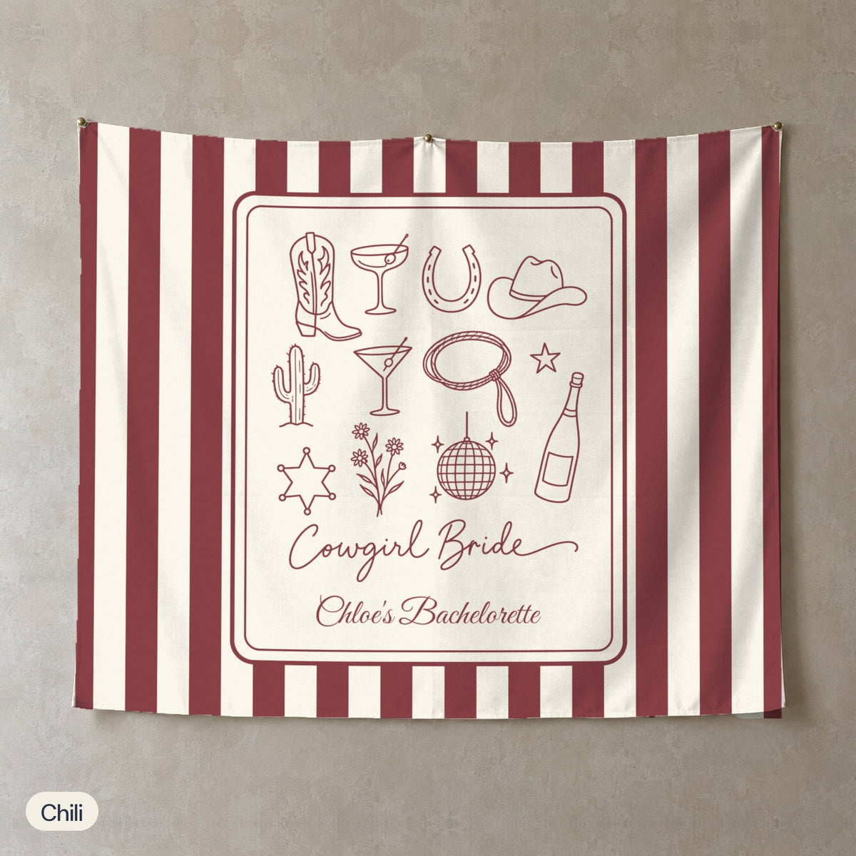 Cowgirl Bride & Crew personalized wall tapestry, Chili stripes