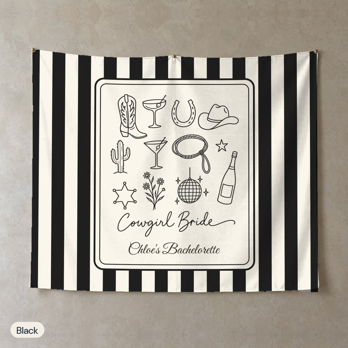Cowgirl Bride & Crew personalized wall tapestry, Black stripes