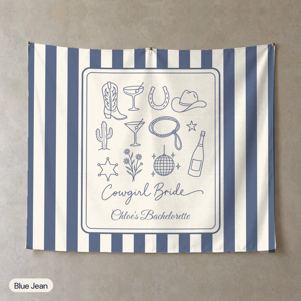 Cowgirl Bride & Crew personalized wall tapestry, Blue Jean stripes