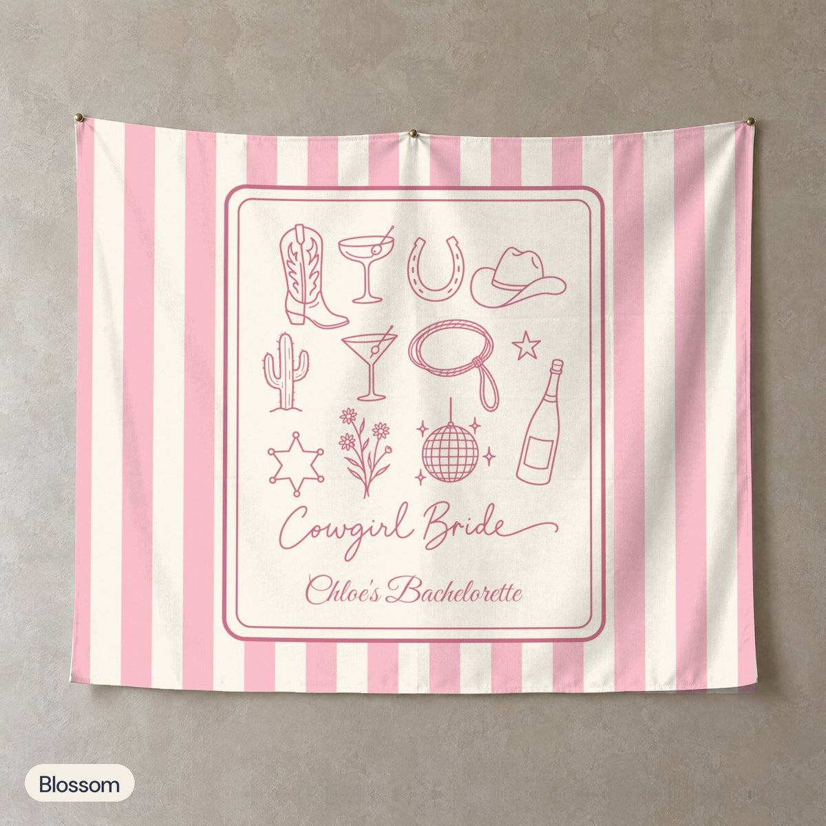 Cowgirl Bride & Crew personalized wall tapestry, Blossom stripes