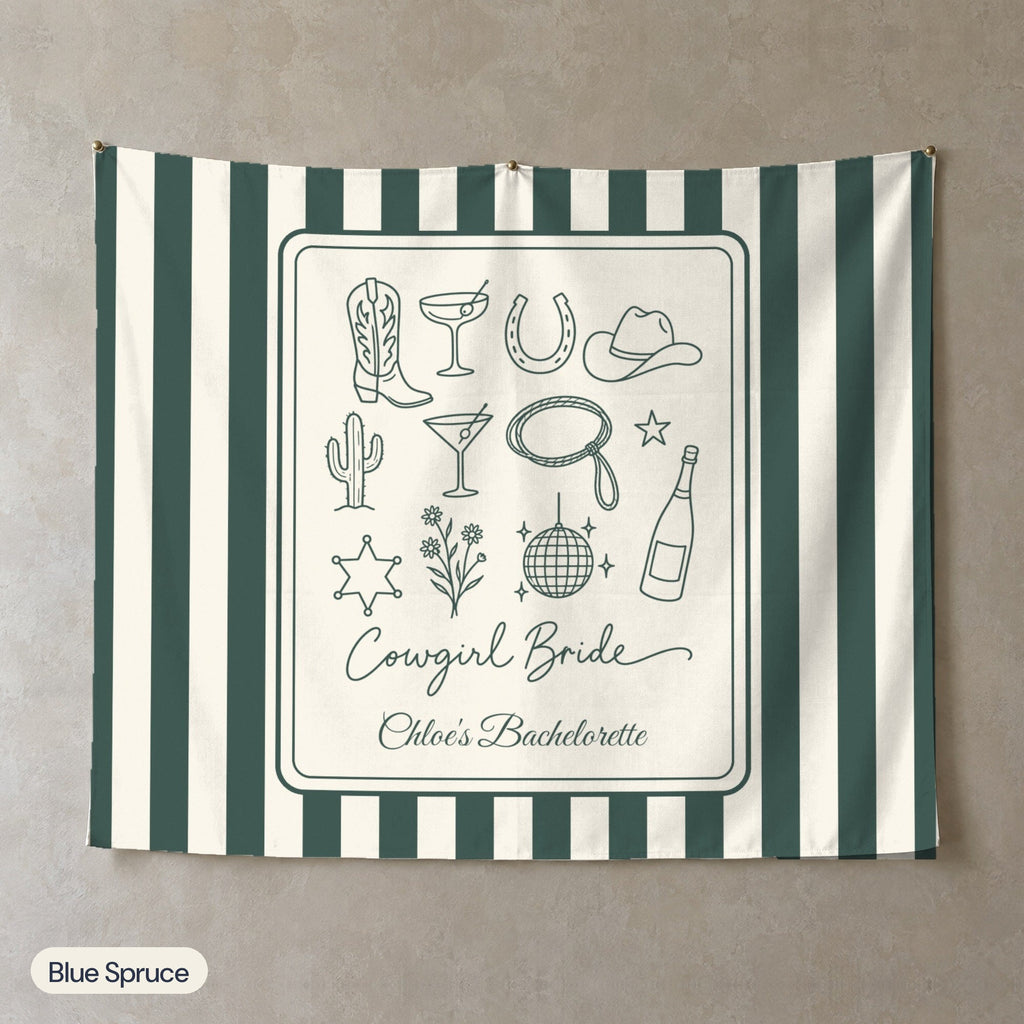Cowgirl Bride & Crew personalized wall tapestry, Blue Spruce stripes