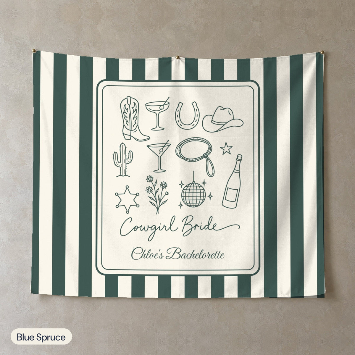 Cowgirl Bride & Crew personalized wall tapestry, Blue Spruce stripes