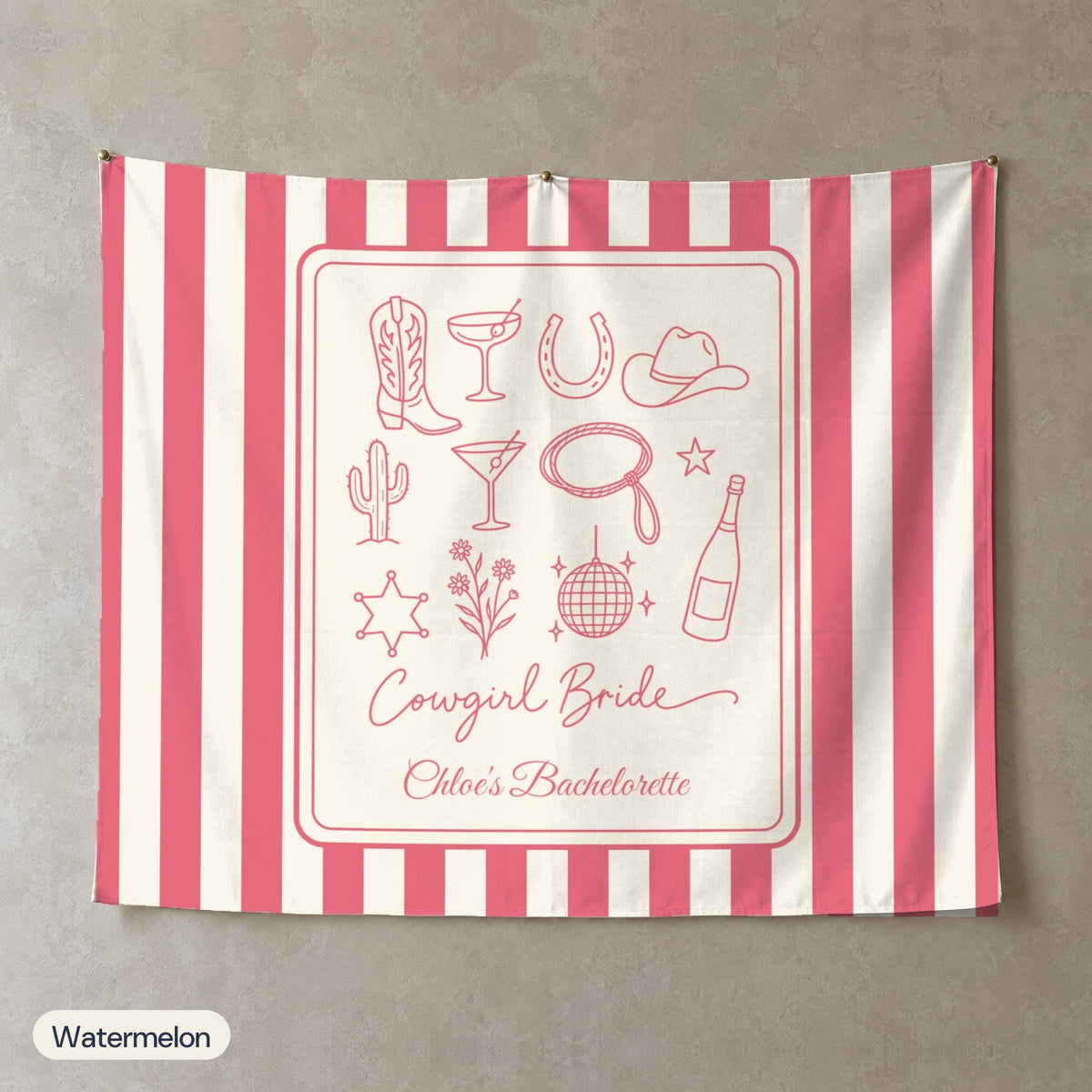 Cowgirl Bride & Crew personalized wall tapestry, Watermelon stripes