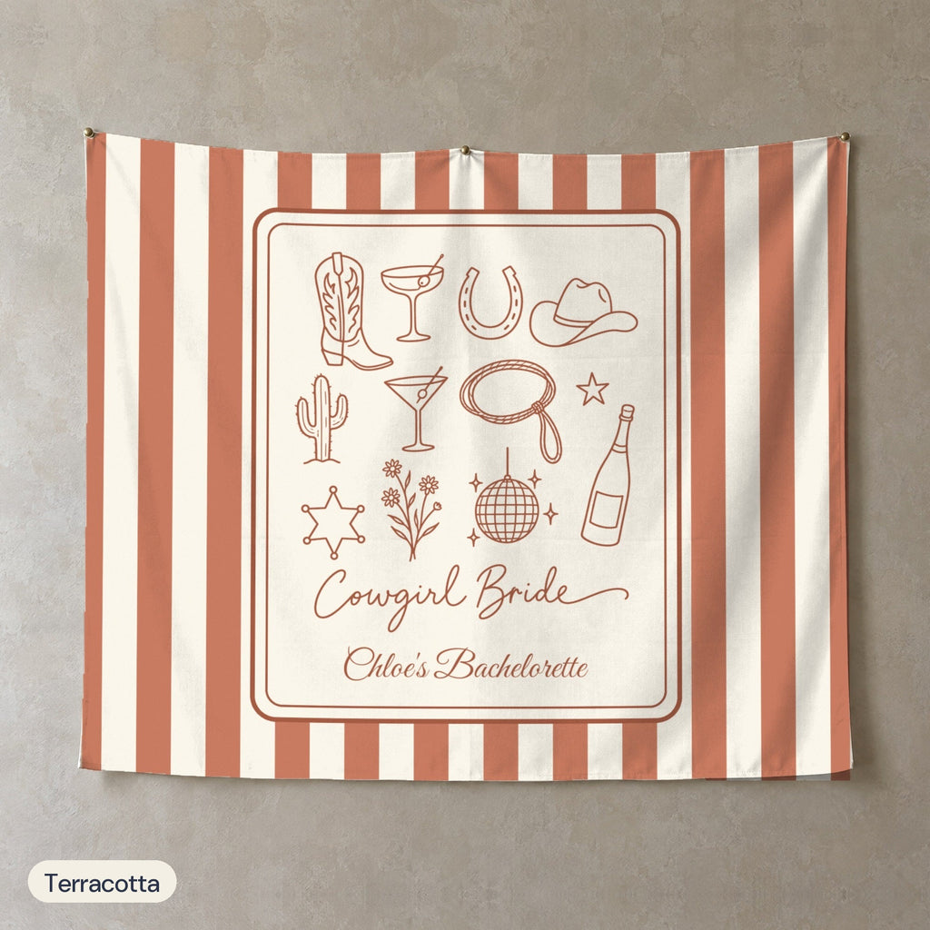 Cowgirl Bride & Crew personalized wall tapestry, Terracotta stripes
