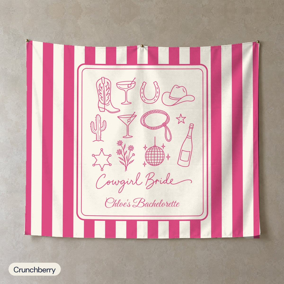 Cowgirl Bride & Crew personalized wall tapestry, Crunchberry stripes