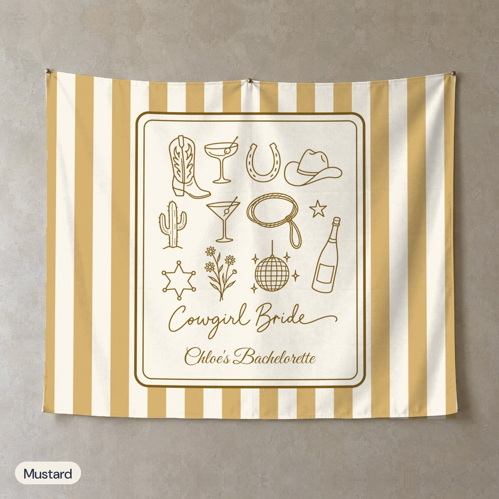 Cowgirl Bride & Crew personalized wall tapestry, Mustard stripes