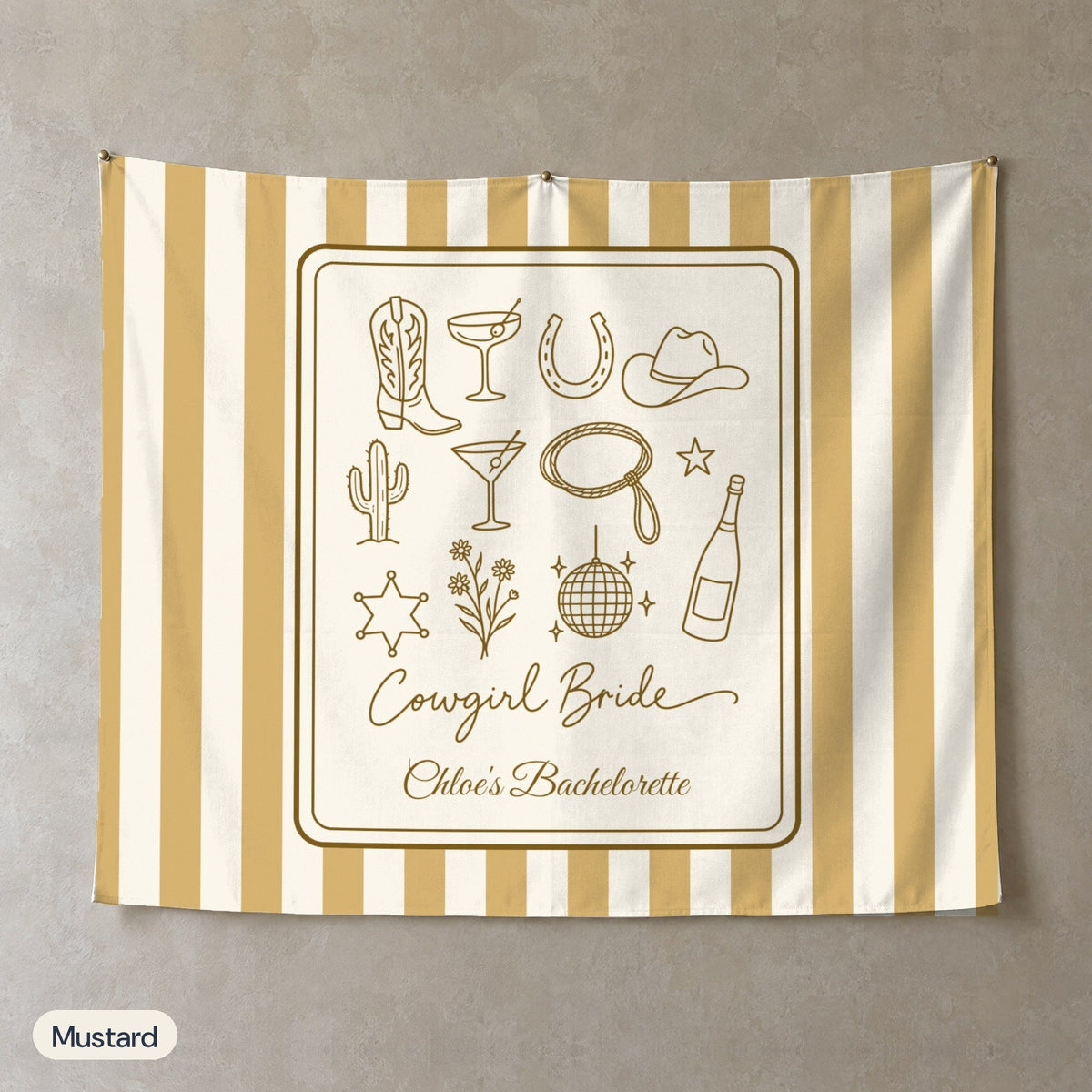 Cowgirl Bride & Crew personalized wall tapestry, Mustard stripes