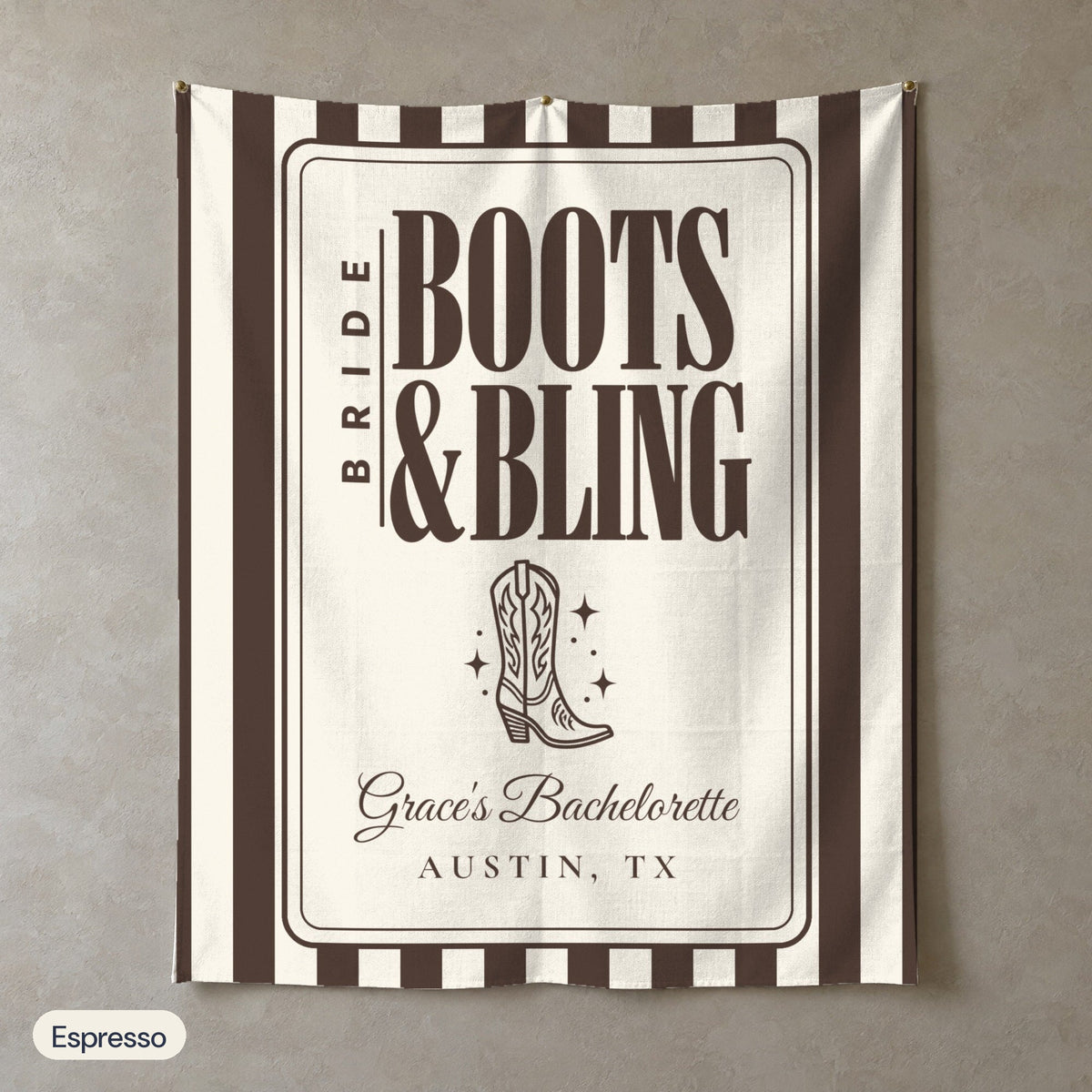 Boots & Bling personalized wall tapestry in portrait, Espresso