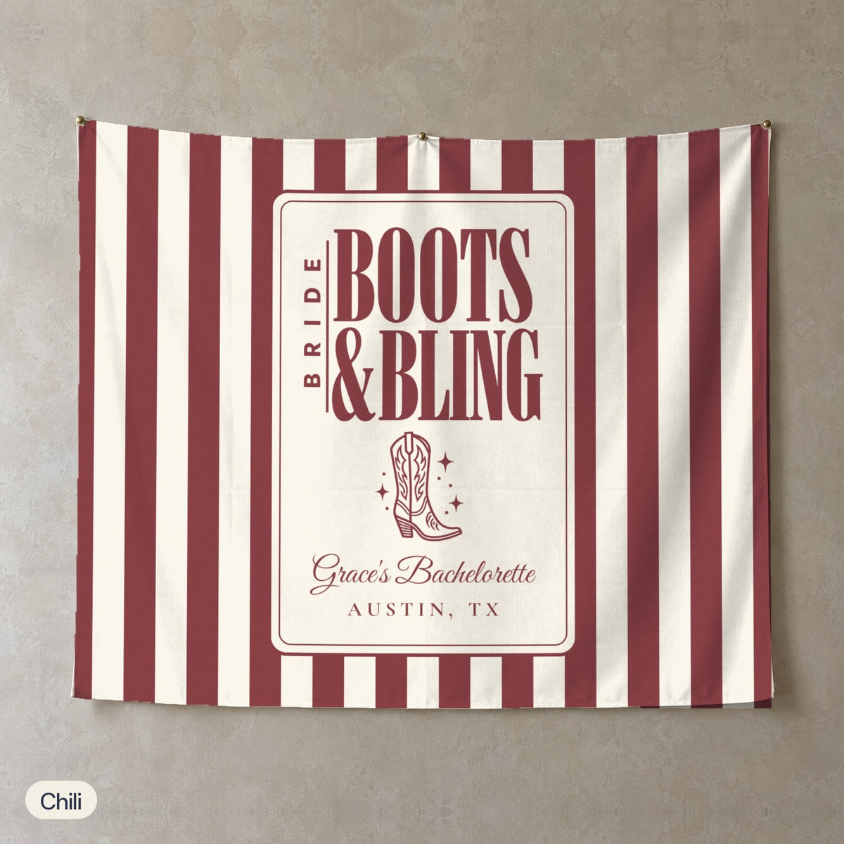 Boots & Bling personalized wall tapestry, Chili stripes
