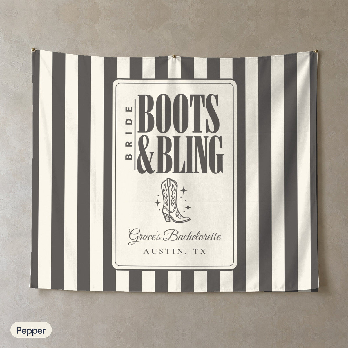 Boots & Bling personalized wall tapestry, Pepper stripes