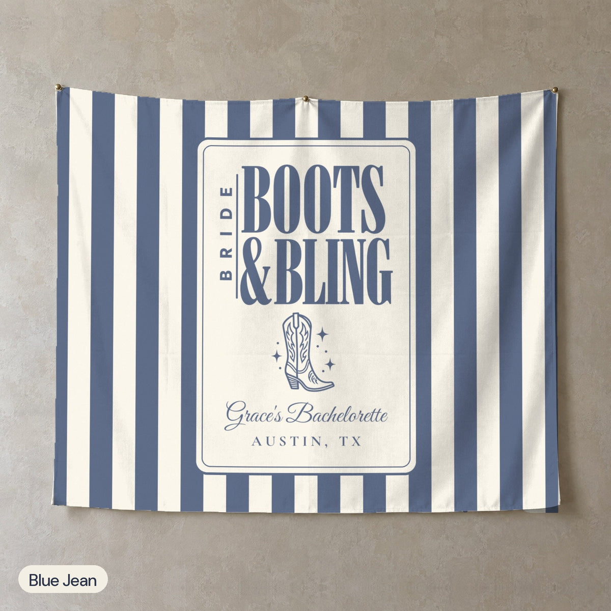 Boots & Bling personalized wall tapestry, Blue Jean stripes