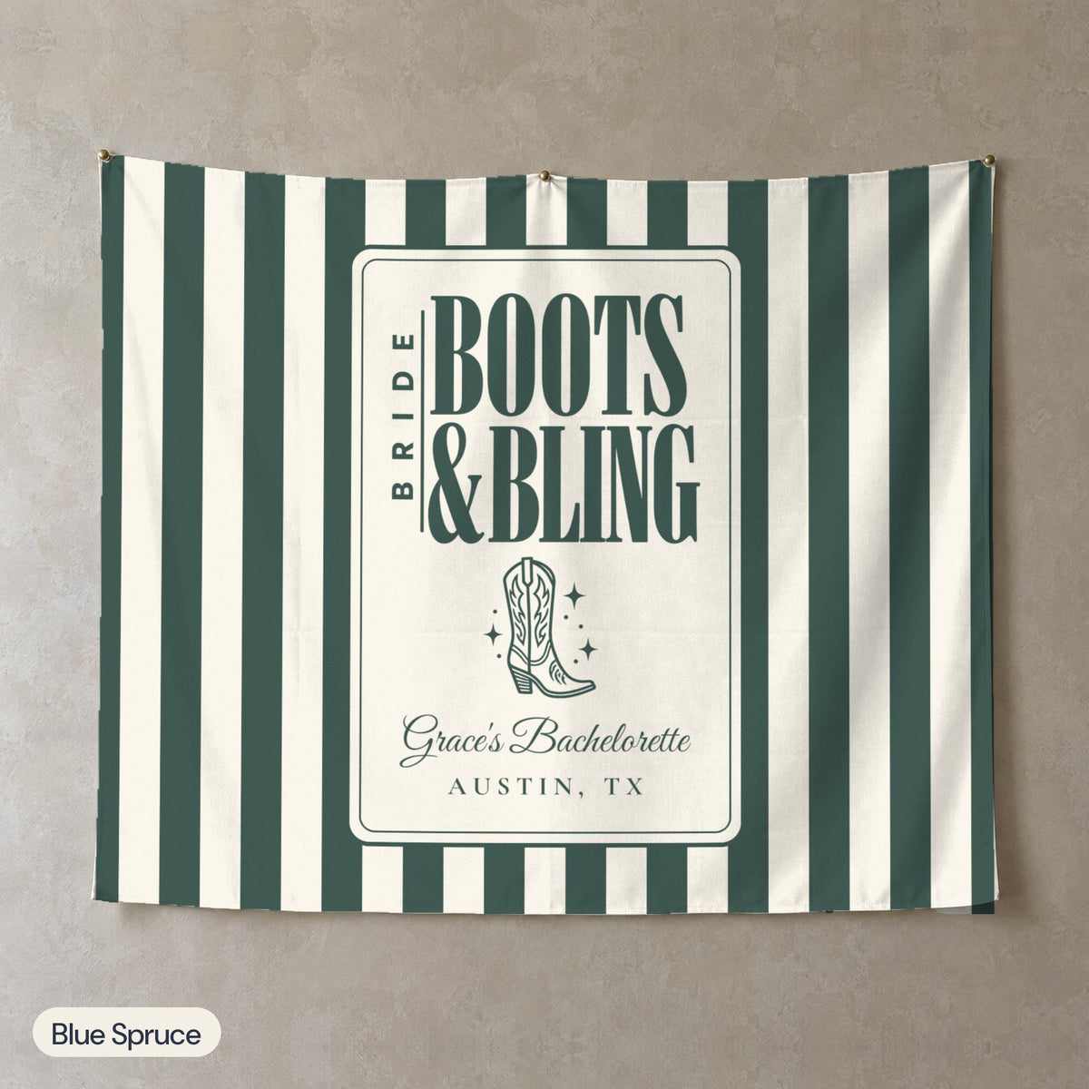 Boots & Bling personalized wall tapestry, Blue Spruce stripes