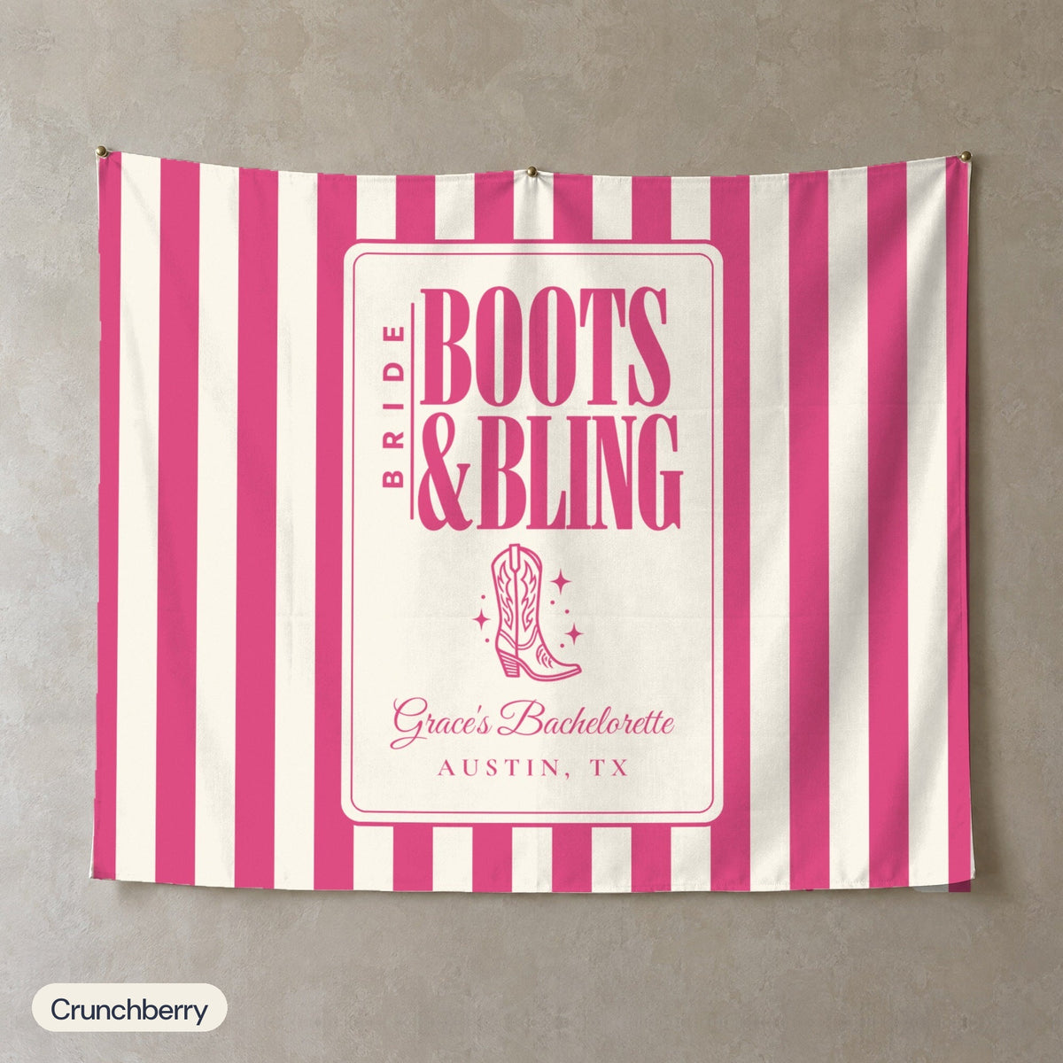 Boots & Bling personalized wall tapestry, Crunchberry stripes