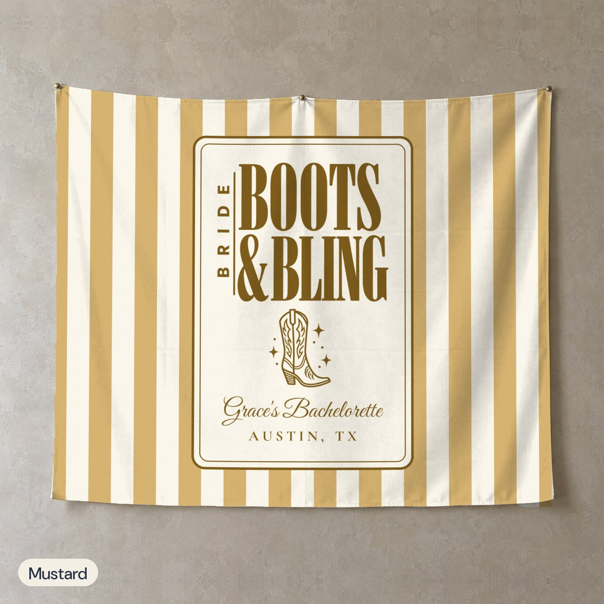 Boots & Bling personalized wall tapestry, Mustard stripes