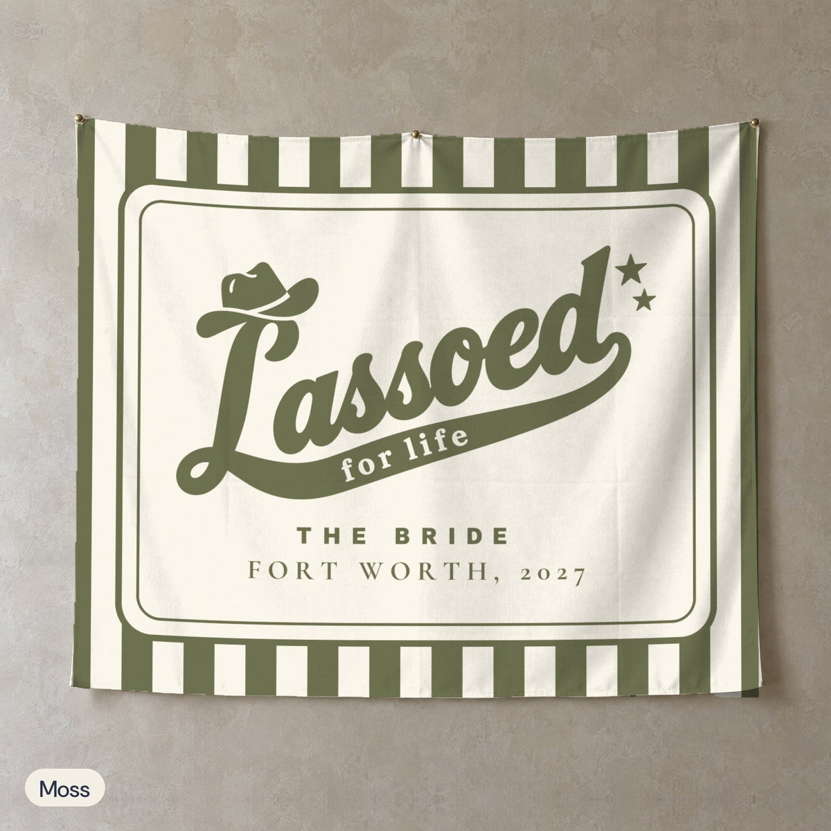 Lassoed For Life personalized wall tapestry, Moss stripes