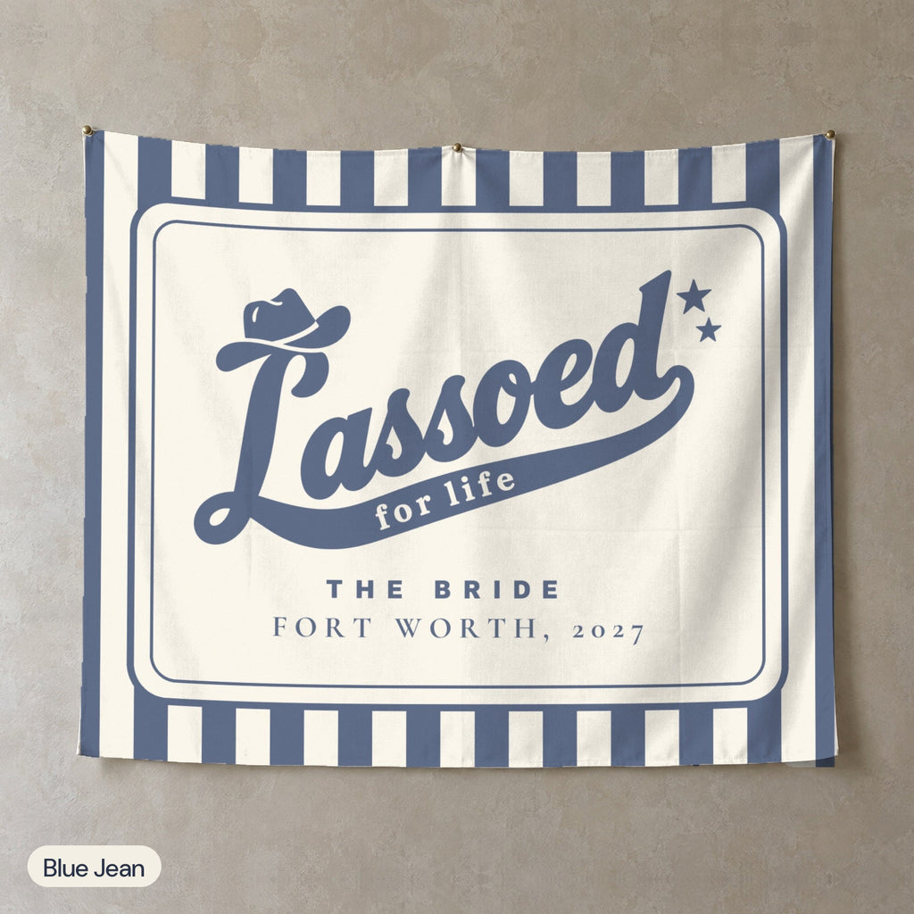 Lassoed For Life personalized wall tapestry, Blue Jean stripes