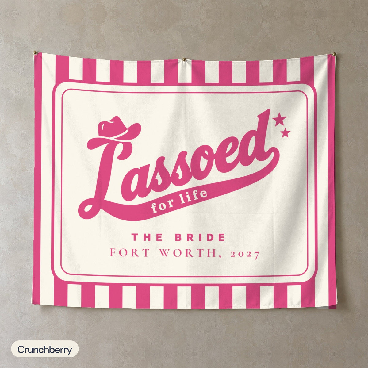 Lassoed For Life personalized wall tapestry, Crunchberry stripes