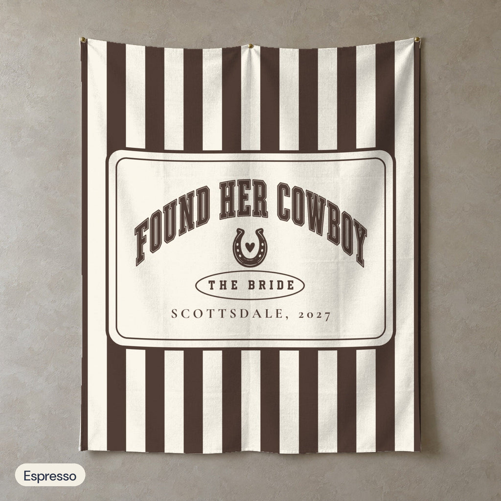 Found Her Cowboy personalized wall tapestry in portrait, Espresso