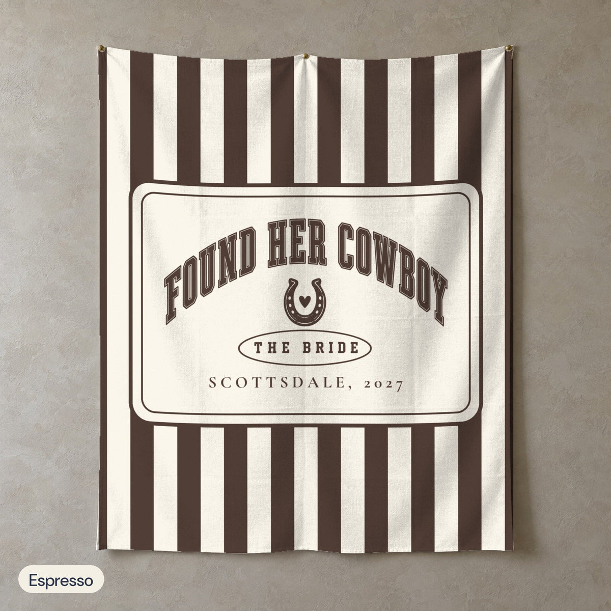 Found Her Cowboy personalized wall tapestry in portrait, Espresso