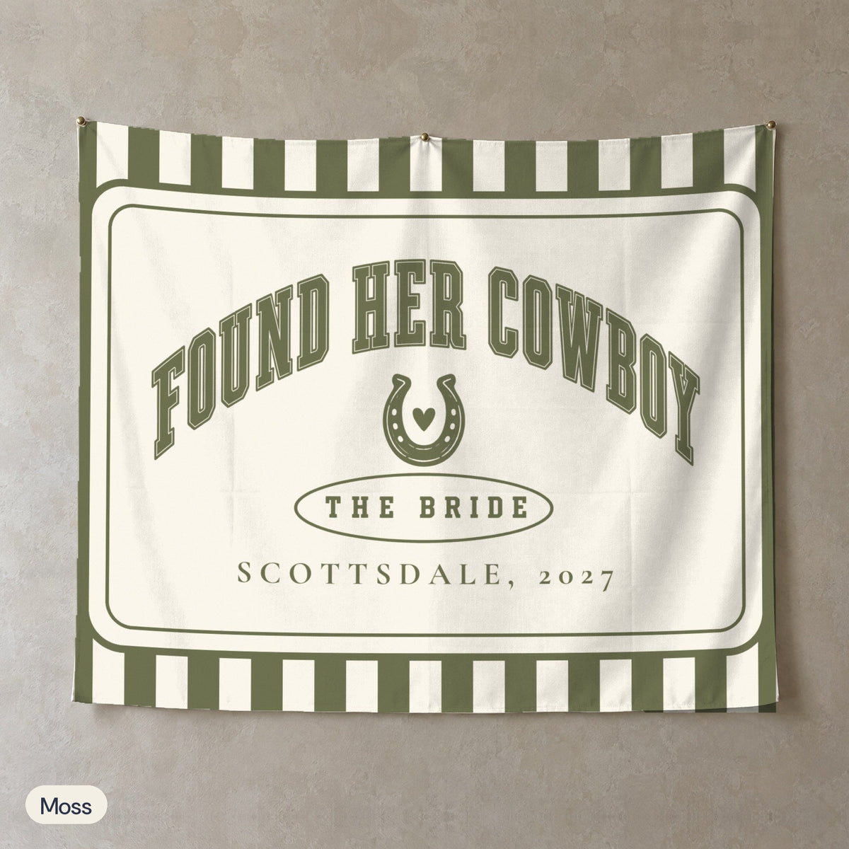 Found Her Cowboy personalized wall tapestry, Moss stripes