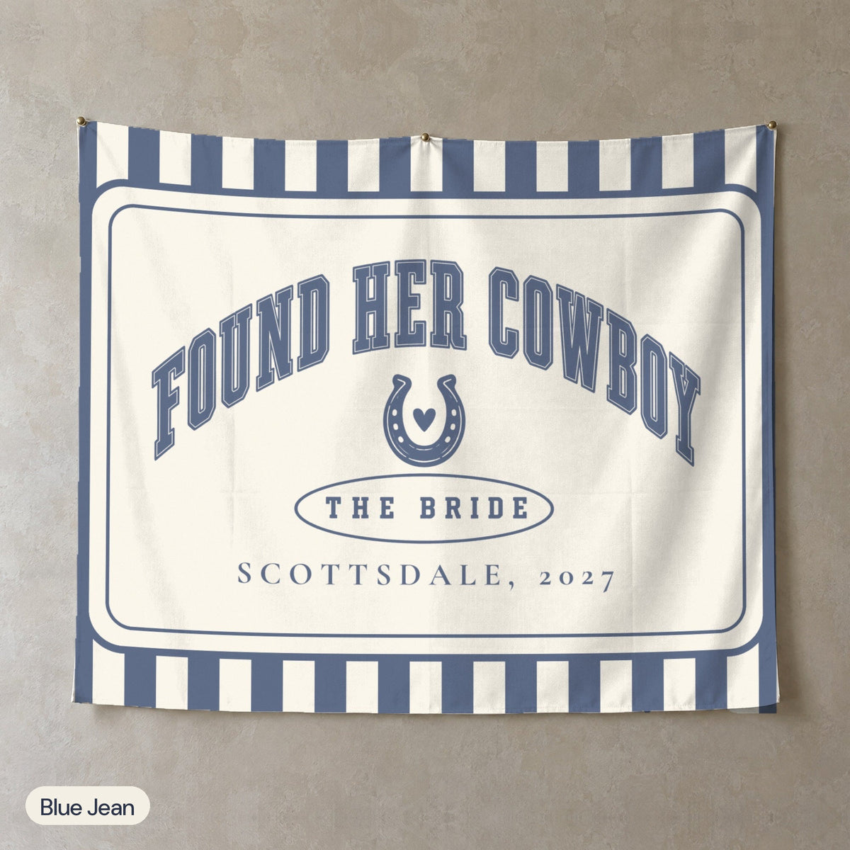 Found Her Cowboy personalized wall tapestry, Blue Jean stripes