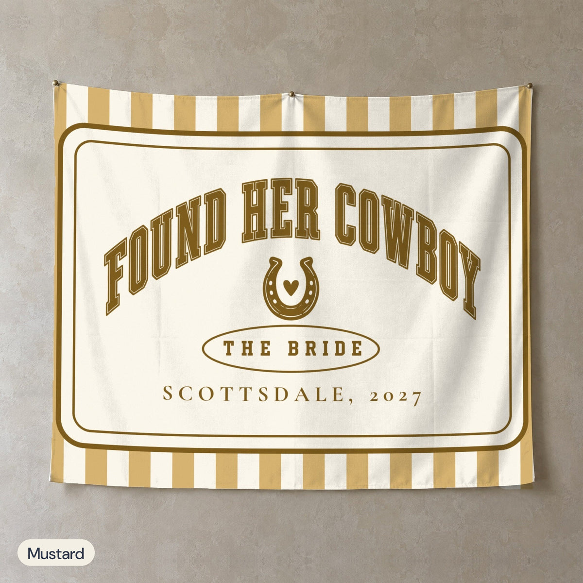 Found Her Cowboy personalized wall tapestry, Mustard stripes