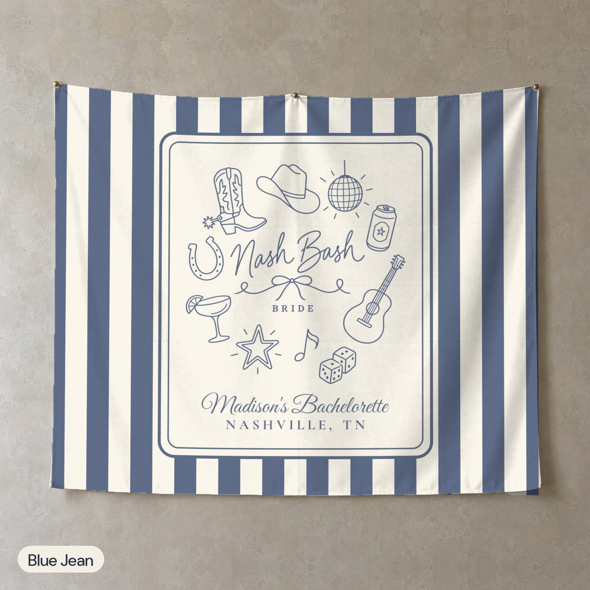 Nash Bash personalized wall tapestry, Blue Jean stripes