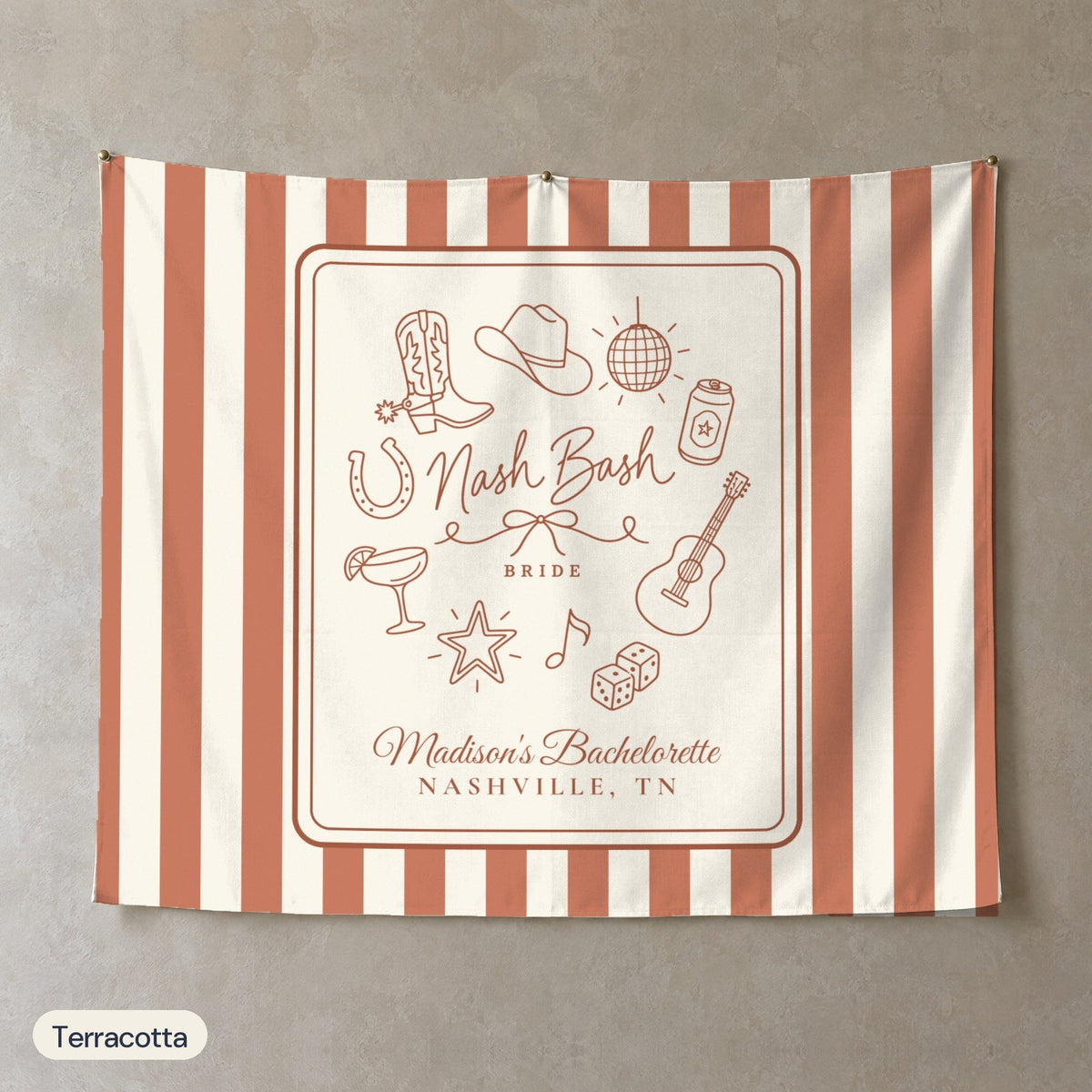 Nash Bash personalized wall tapestry, Terracotta stripes