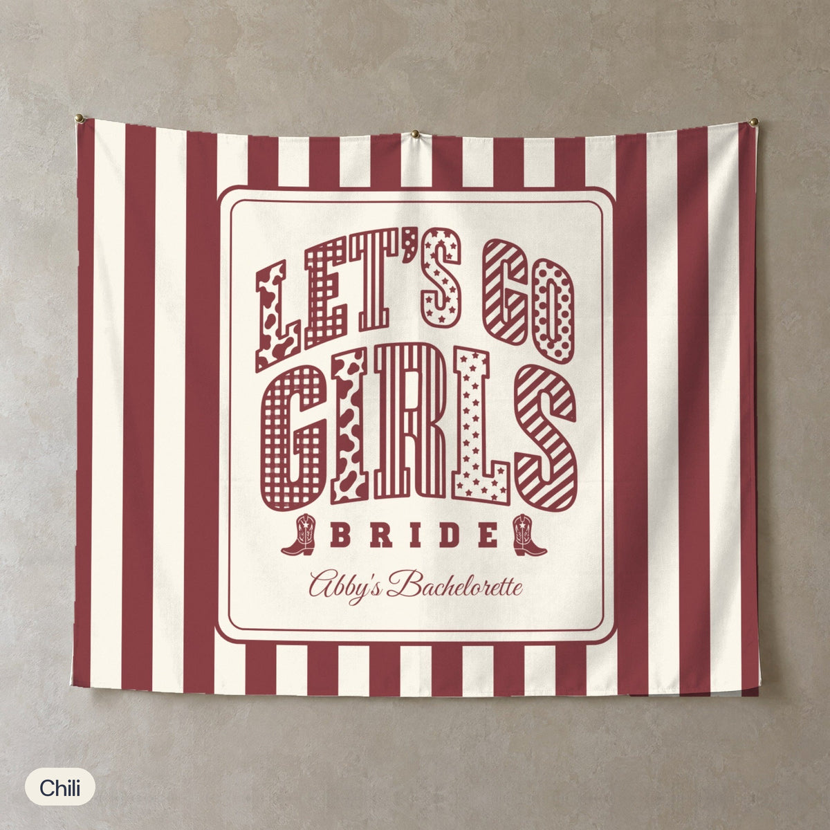 Let's Go Girls personalized wall tapestry, Chili stripes
