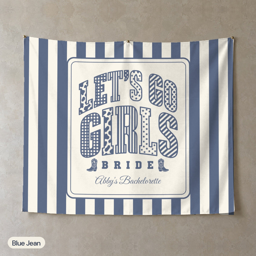 Let's Go Girls personalized wall tapestry, Blue Jean stripes