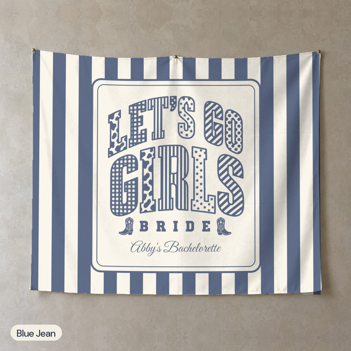 Let's Go Girls personalized wall tapestry, Blue Jean stripes