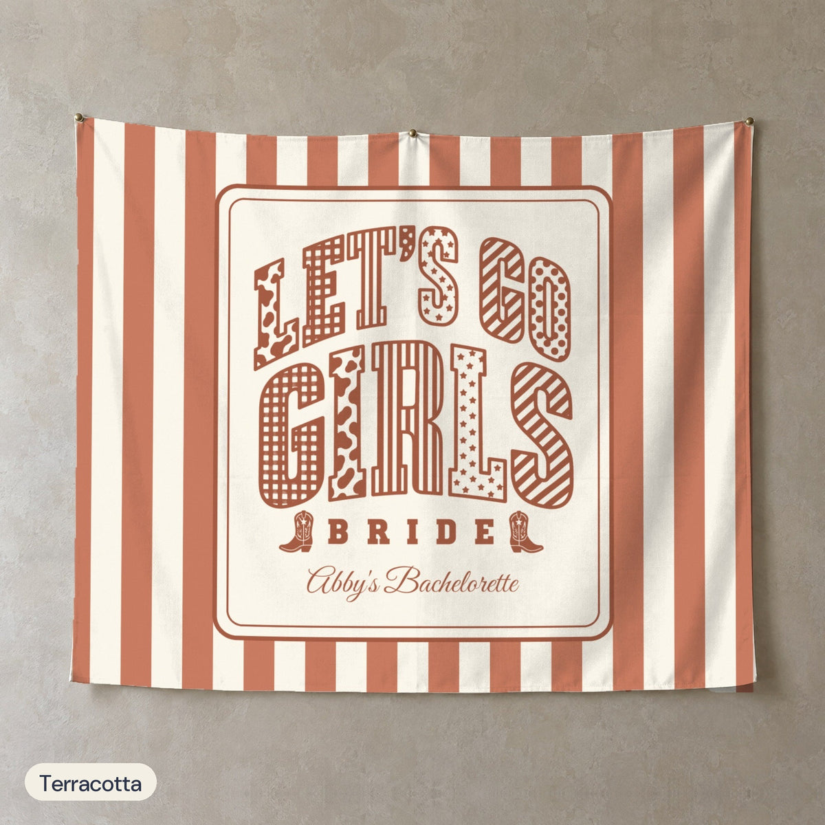 Let's Go Girls personalized wall tapestry, Terracotta stripes